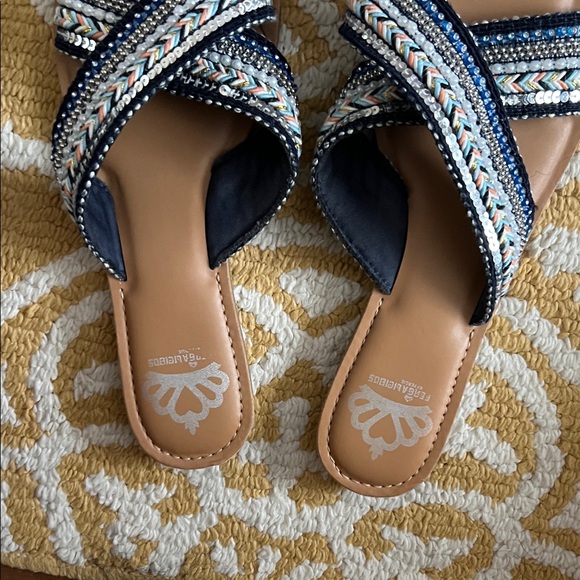 Stylish Beaded Sandals with Tan and Blue Accents - Picture 2 of 5